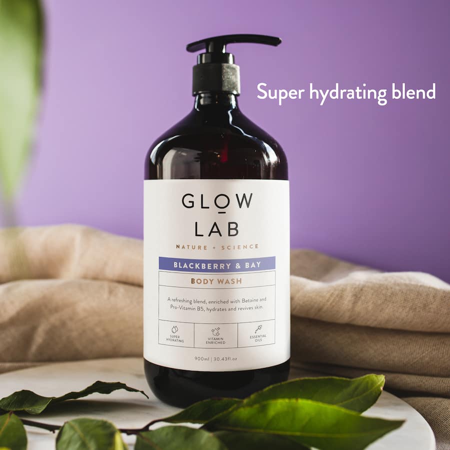 Luxurious body wash with Shea Butter and Argan Oil, featuring a refreshing Blackberry and Bay fragrance, in a recycled plastic bottle.