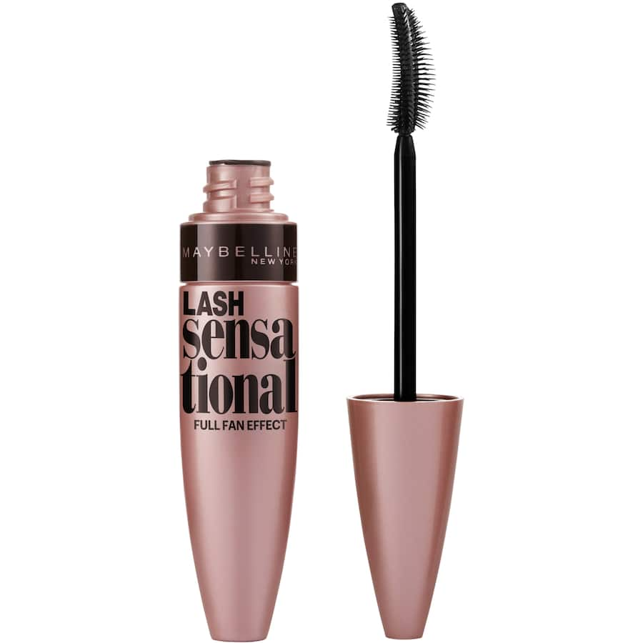 Blackest Black Maybelline Lash Sensational Mascara with a fanning brush for voluminous, defined lashes, perfect for everyday wear.