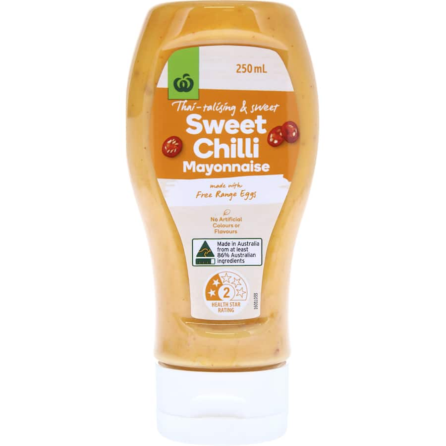 Woolworths Sweet Chilli Mayonnaise, a creamy, zesty condiment with a blend of spices, perfect for enhancing sandwiches and salads.