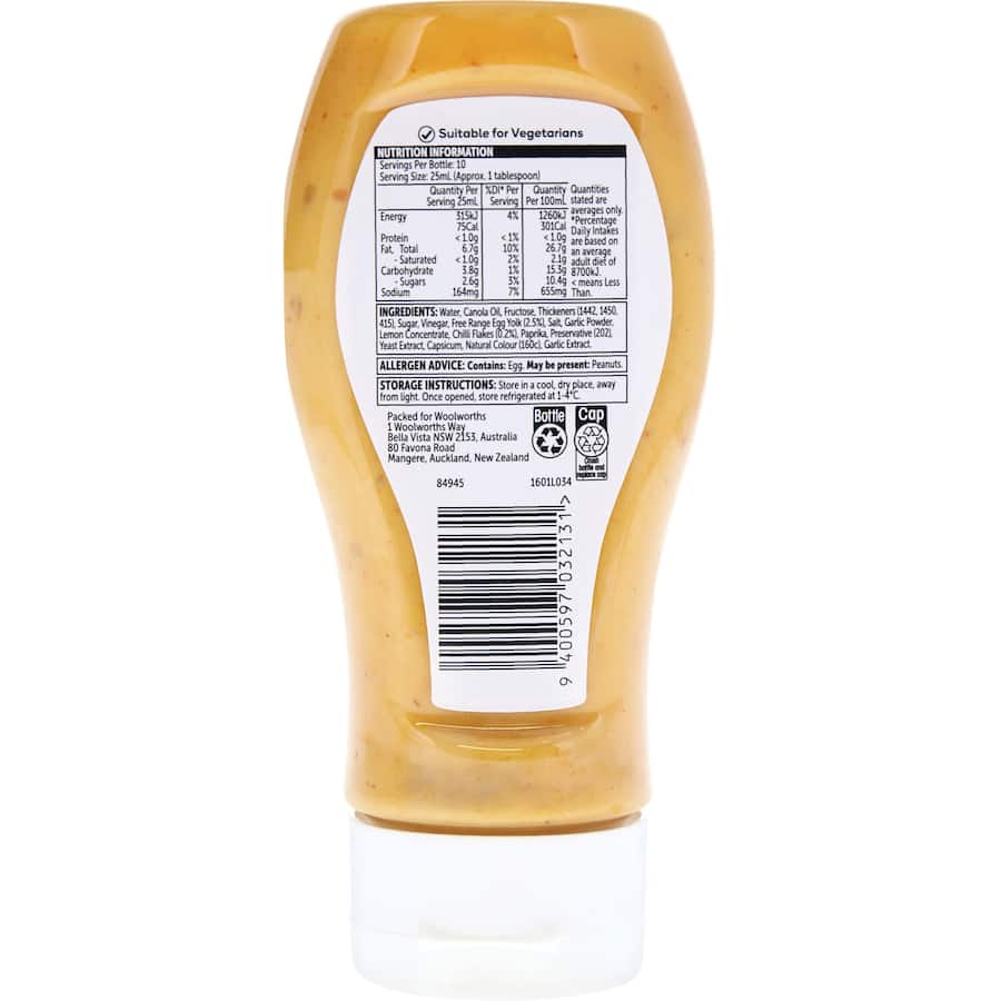 Creamy Woolworths Sweet Chilli Mayonnaise bottle, perfect for adding a sweet and spicy kick to meals and condiments.