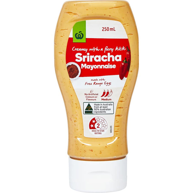 Creamy Woolworths Mayonnaise Sriracha blending rich flavor with spicy heat, perfect for enhancing sandwiches, burgers, and salads.