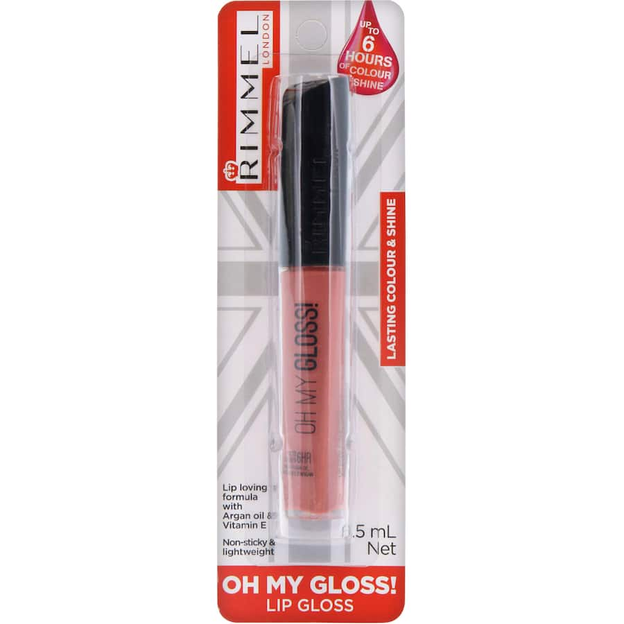 Rimmel Oh My Gloss Lip Gloss in Snog, offering 6-hour color, shine, and hydration with argan oil and vitamin E.