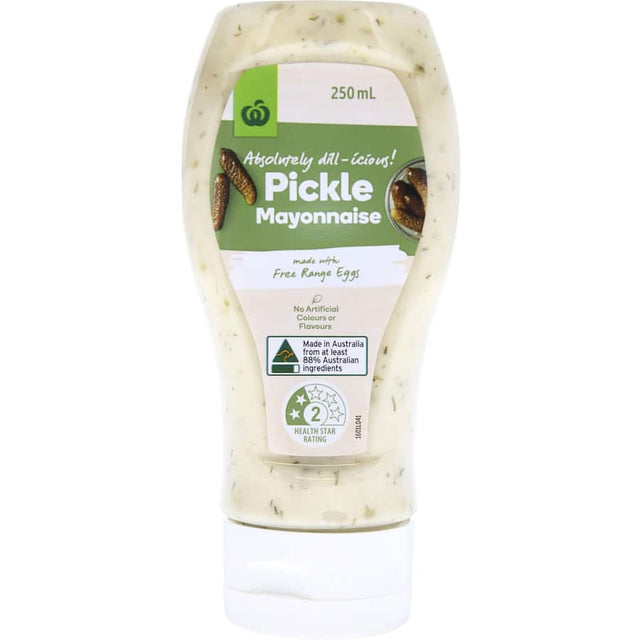 Creamy Woolworths Mayonnaise Pickle with gherkin and Dijon mustard, perfect for elevating sandwiches and salads.