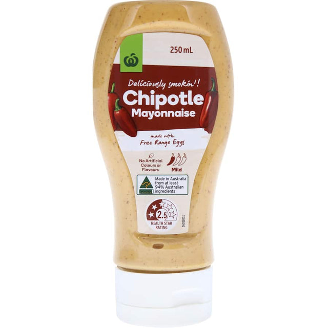 Woolworths Chipotle Mayonnaise, a creamy condiment with smoky chipotle flavor, perfect for burgers, salads, and dips.