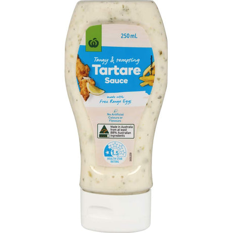 Woolworths Tartare Sauce: zesty, creamy condiment with gherkins, capers, and onion, perfect for enhancing seafood dishes.