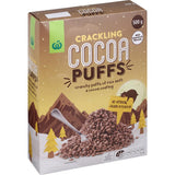 Woolworths Cereal Crackling Cocoa Puffs: Crunchy rice puffs coated in rich cocoa, packed with vitamins and fiber for a tasty snack.