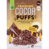 Woolworths Cereal Crackling Cocoa Puffs: Crunchy rice puffs coated in rich cocoa, nutritious and perfect for chocolate lovers.