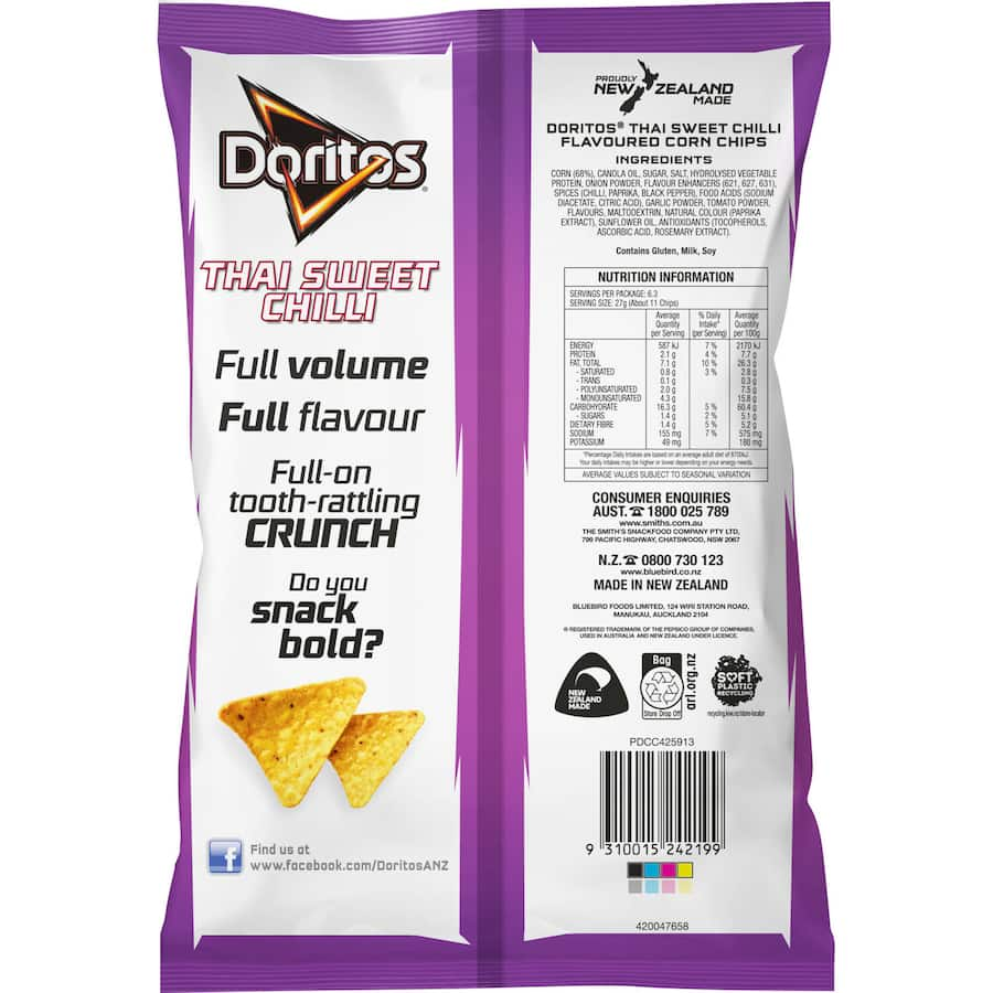 Doritos Sweet Thai Chilli corn chips with spicy-sweet flavor, perfect for snacking, sharing, or pairing with dips.