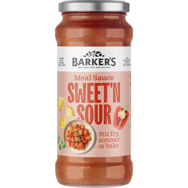 A jar of Barkers Meal Base Sweet 'N' Sticky sauce, perfect for quick, flavorful stir-fries and marinades, gluten-free and vegan-friendly.