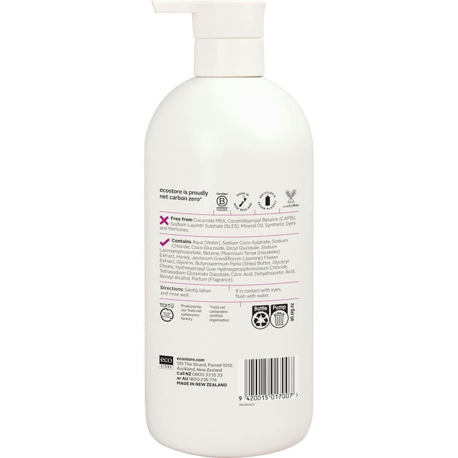 Ecostore Body Wash Jasmine and Honey, a vegan formula enriched with shea butter, betaine, and harakeke for soft, hydrated skin.