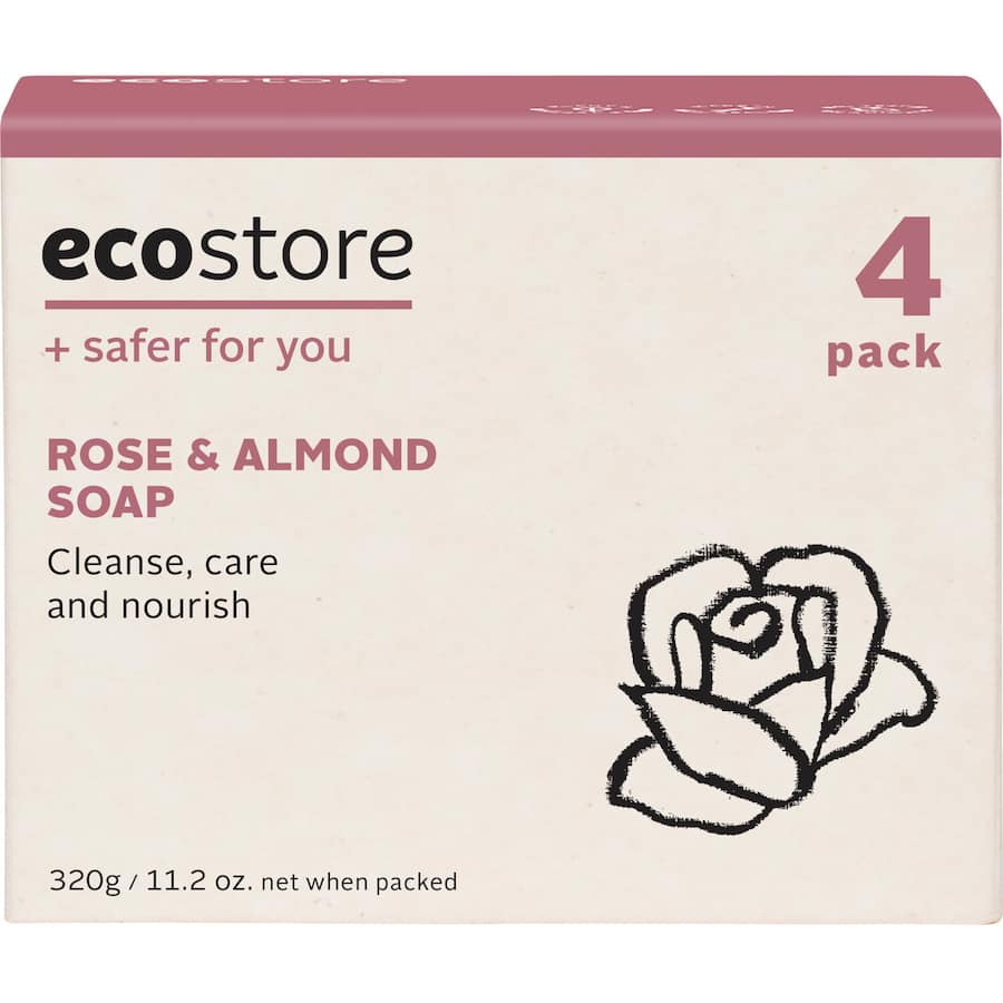 Ecostore Soap Rose and Almond bars in eco-friendly packaging, featuring creamy lather, almond oil, and soothing rose fragrance.
