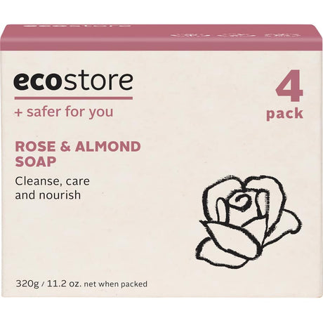 Ecostore Soap Rose and Almond bars in eco-friendly packaging, featuring creamy lather, almond oil, and soothing rose fragrance.