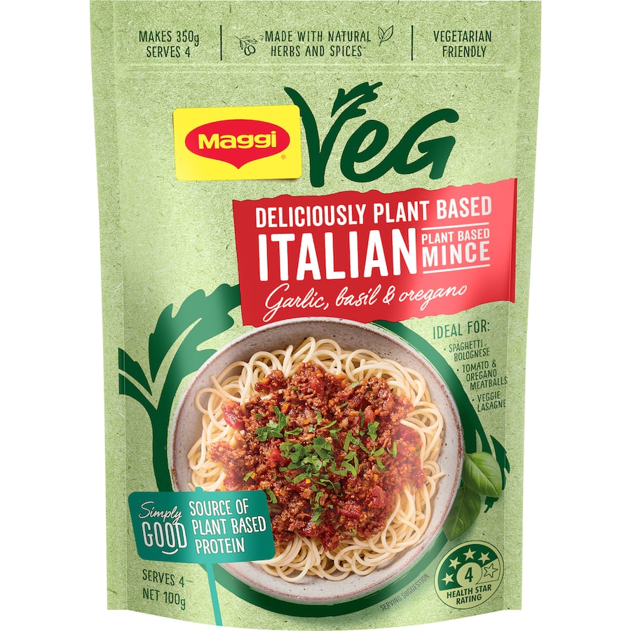 Maggi Veg Recipe Base Italian Plant Based Mince, vegan protein mince with natural herbs for quick, delicious Italian meals.