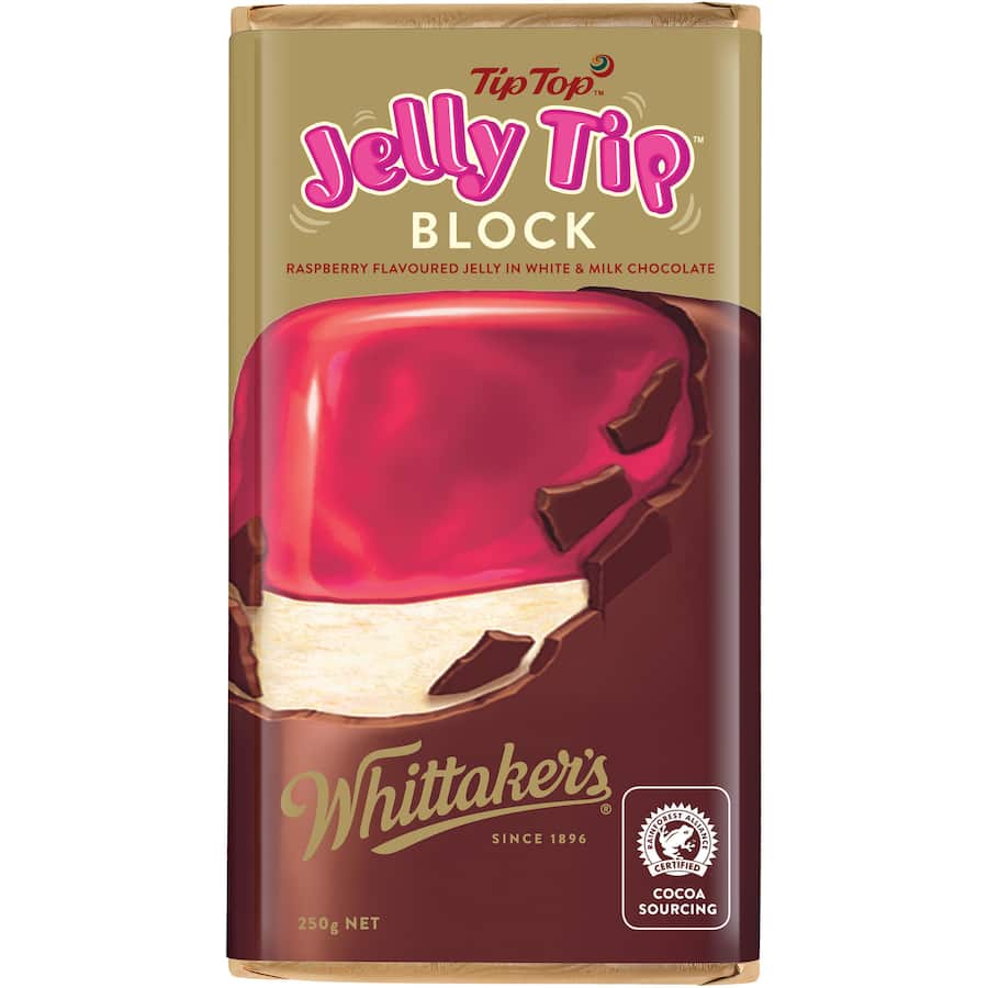 Whittaker's Chocolate Jelly Tip: a layered treat of vanilla white chocolate, raspberry jelly, and creamy milk chocolate, 250g.