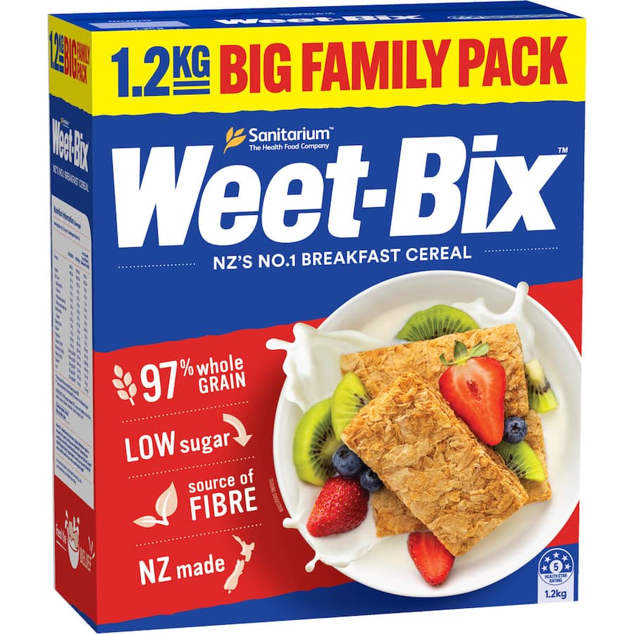 A bowl of Sanitarium Weet-bix Cereal, 97% wholegrain, rich in fiber and essential vitamins for a healthy breakfast.