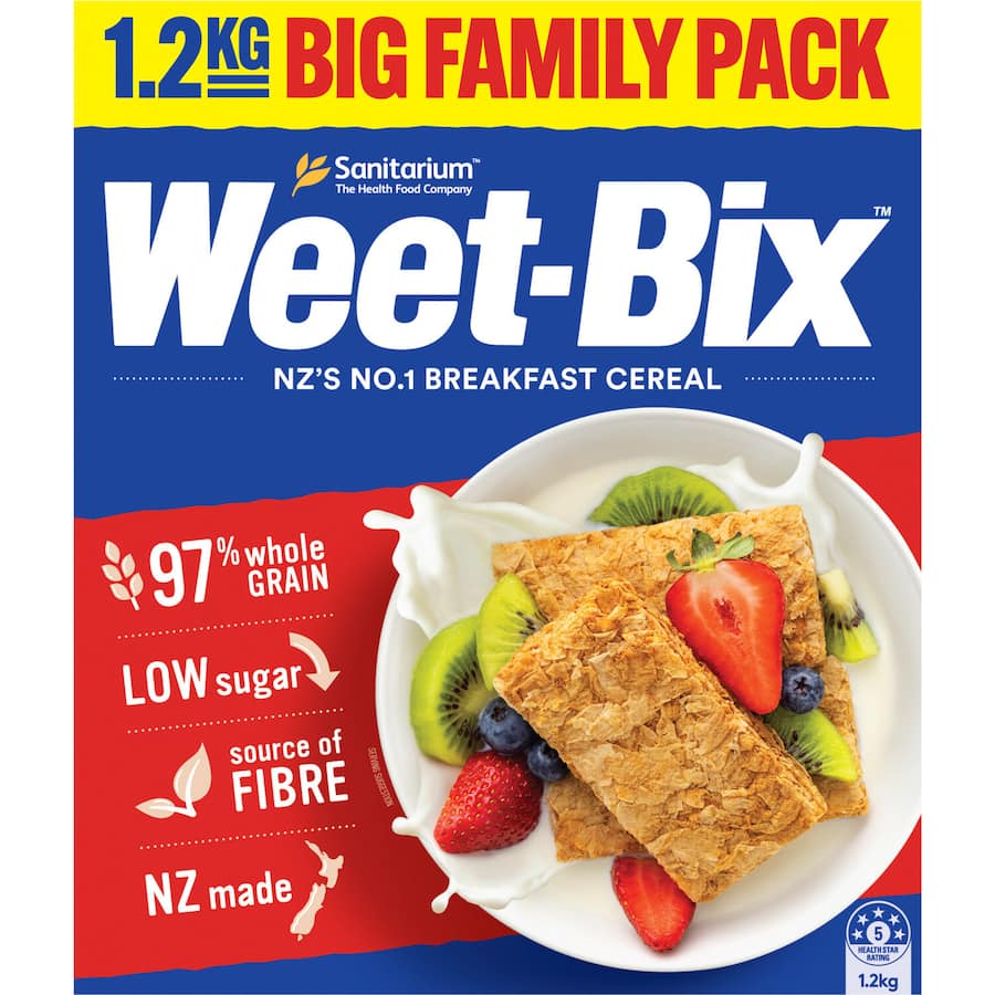 A bowl of Sanitarium Weet-bix cereal, packed with 97% wholegrain, vitamins, and fiber for a nutritious breakfast.