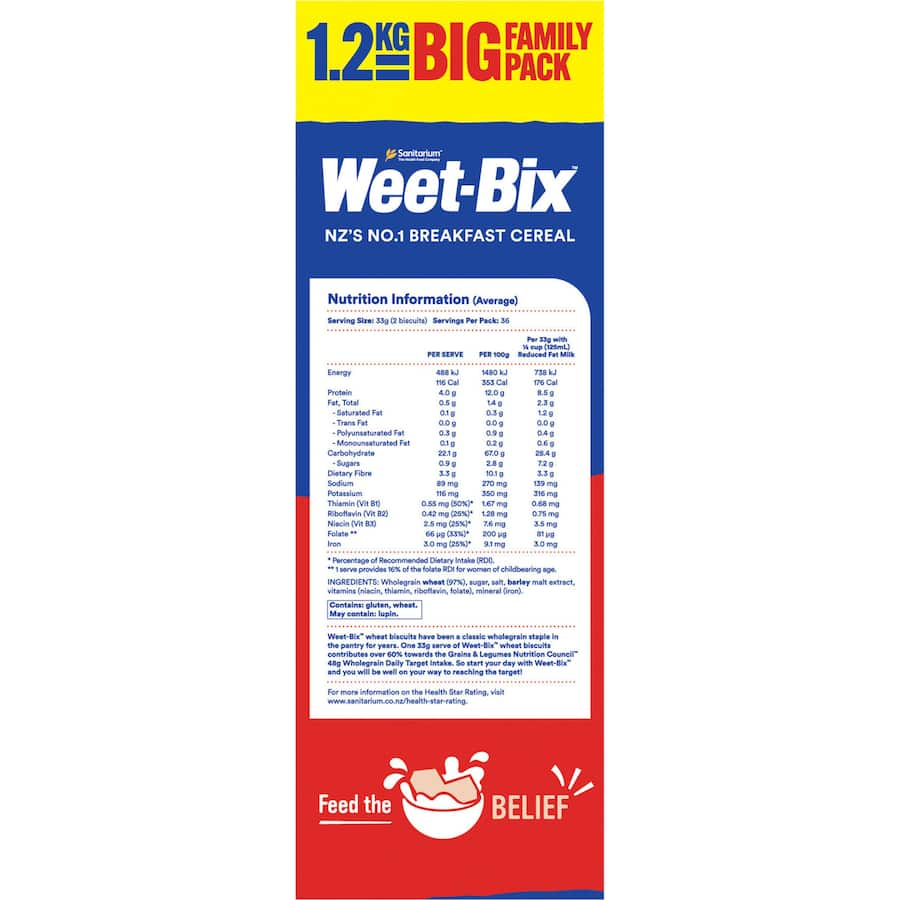 A box of Sanitarium Weet-bix Cereal featuring 97% wholegrain, rich in vitamins, iron, and fiber for a healthy breakfast.