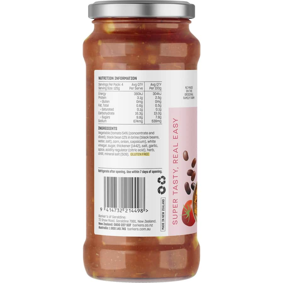 Barker's Meal Base NZ Tomato with Black Bean, a gluten-free, vegan sauce for quick, flavorful meals like beef nachos or hearty casseroles.