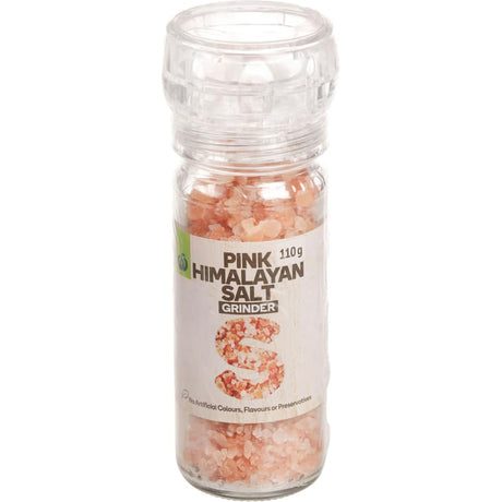 Woolworths Himalayan Pink Salt in a sleek grinder, perfect for adding rich flavor and color to your dishes.