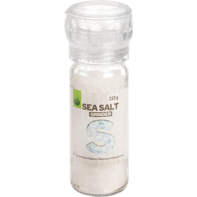 Woolworths Sea Salt in a grinder, ideal for enhancing dishes with natural flavor, free from artificial additives.