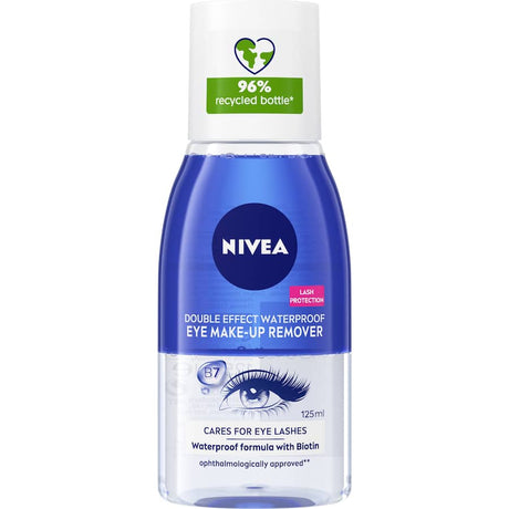 NIVEA Eye Make Up Remover Double Effect, a bi-phase formula with Cornflower Extract for gentle, effective makeup removal.