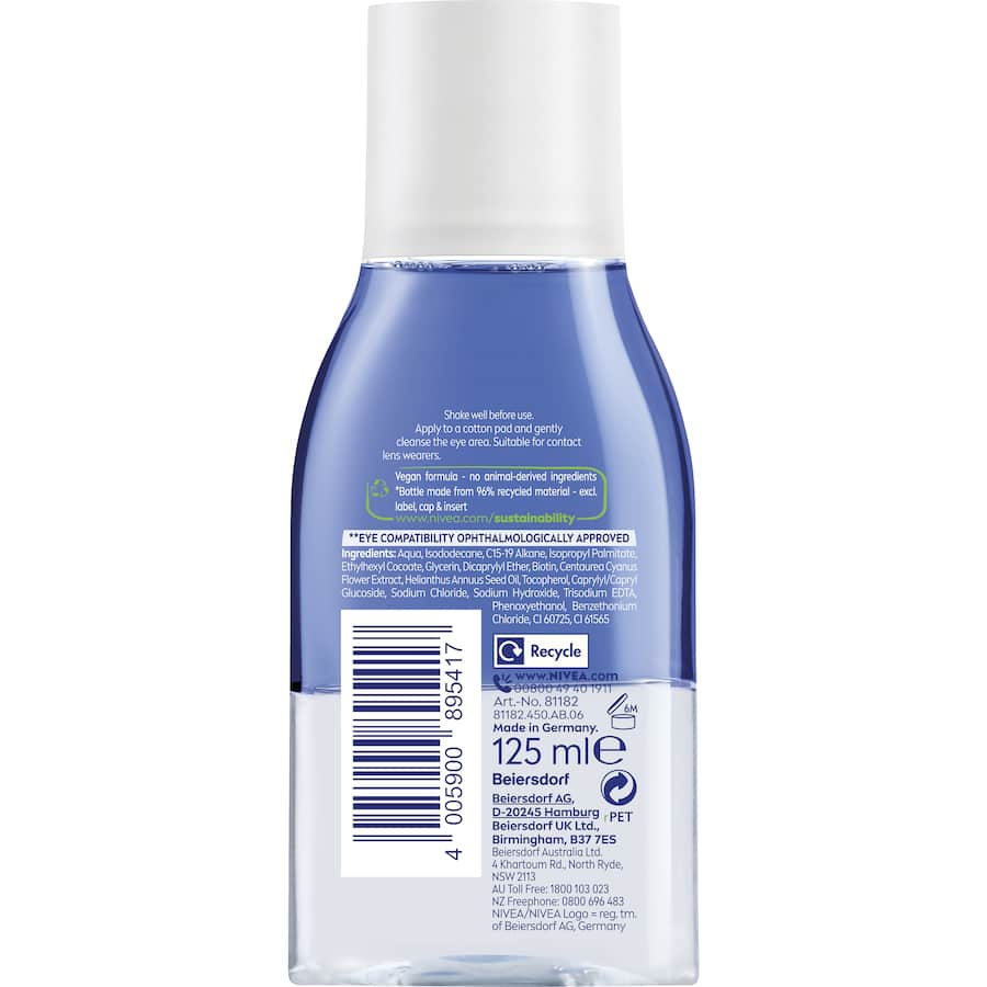 NIVEA Double Effect Eye Makeup Remover gently dissolves stubborn makeup while caring for the delicate eye area with Cornflower Extract.