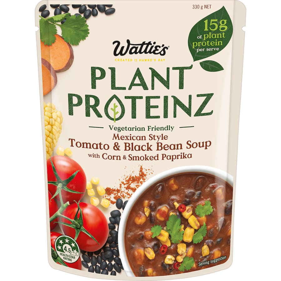 Wattie's Plant Proteinz Mexican Soup in a pouch, featuring tomatoes, beans, and 15g of plant protein, perfect for quick meals.