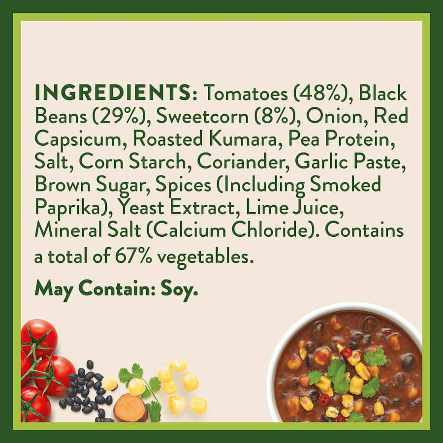 Wattie's Plant Proteinz Soup in a pouch, featuring rich tomato, beans, corn, and spices, packed with 15g plant protein.