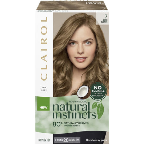 Clairol Natural Instincts Hair Colour 7 Dark Blonde: 80% natural ingredients, ammonia-free, blends greys for vibrant dark blonde.