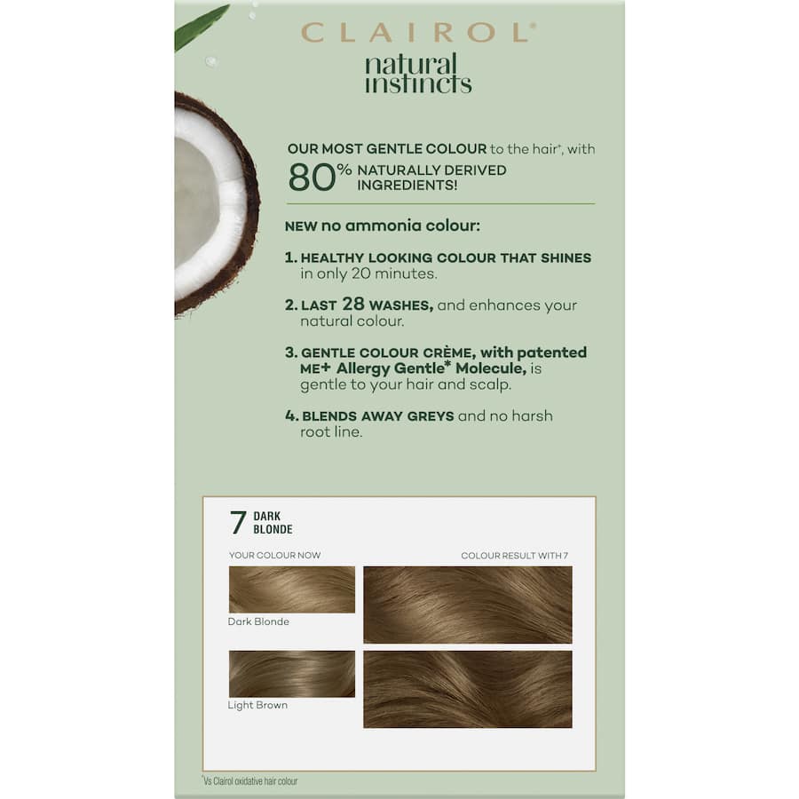 Clairol Natural Instincts Hair Colour 7 Dark Blonde, a gentle semi-permanent dye with coconut oil, enhances natural colour and covers grey.