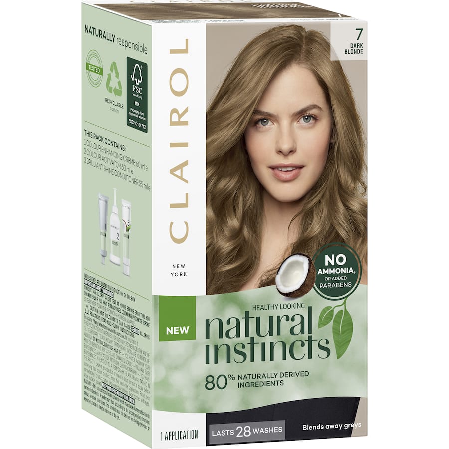 Clairol Natural Instincts Hair Colour 7 Dark Blonde, a semi-permanent dye with 80% natural ingredients for healthy, vibrant hair.