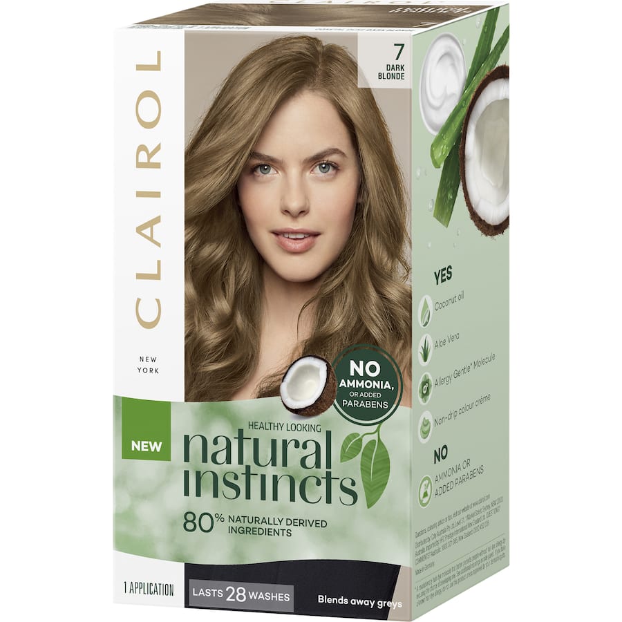 Clairol Natural Instincts 7 Dark Blonde hair dye, featuring 80% natural ingredients, nourishes hair for vibrant, grey-free color.