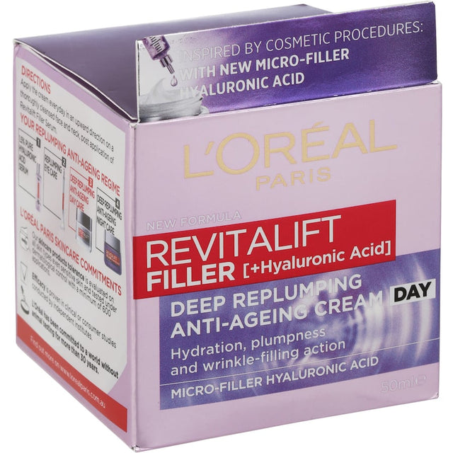 L'Oreal Paris Revitalift Day Cream Filler features hyaluronic acid for deep hydration, plumping skin and reducing wrinkles.