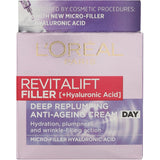 L'Oreal Paris Revitalift Day Anti-Ageing Cream Filler, enriched with hyaluronic acid, enhances hydration and reduces wrinkles.