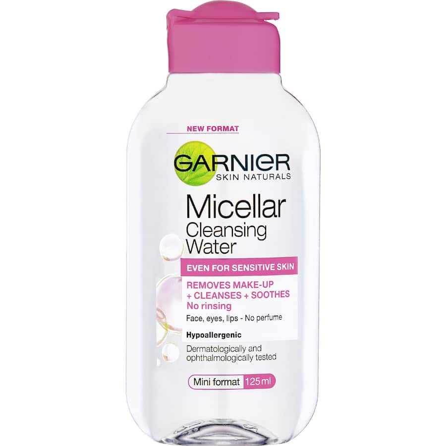 Garnier Micellar Water Mini: compact, fragrance-free cleanser for all skin types, removes makeup and impurities effortlessly.