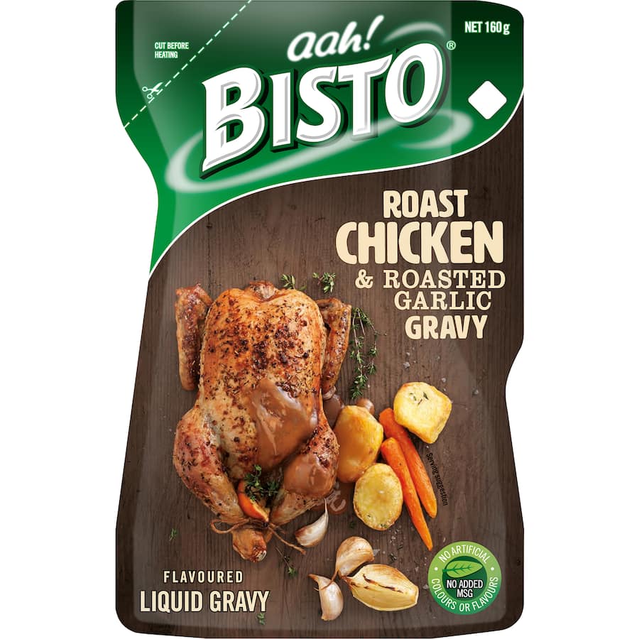 Bisto Gravy Roast Chicken & Roasted Garlic in a microwave-safe pouch, perfect for quick, flavorful meals without additives.