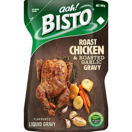 Bisto Gravy Roast Chicken & Roasted Garlic in a microwave-safe pouch, perfect for quick, flavorful meals without additives.