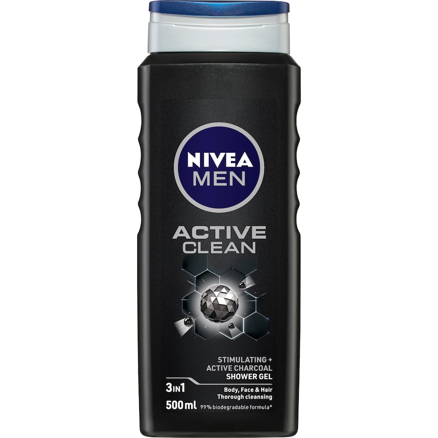 Nivea Men Shower Gel Active Clean with Active Charcoal for a deep, refreshing cleanse for skin, face, and hair.