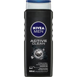 Nivea Men Shower Gel Active Clean with Active Charcoal for a deep, refreshing cleanse for skin, face, and hair.