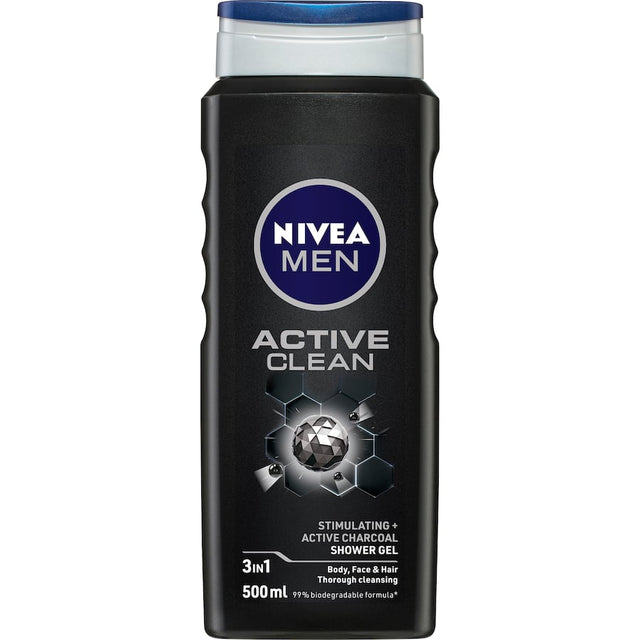 Nivea Men Shower Gel Active Clean with Active Charcoal for a deep, refreshing cleanse for skin, face, and hair.