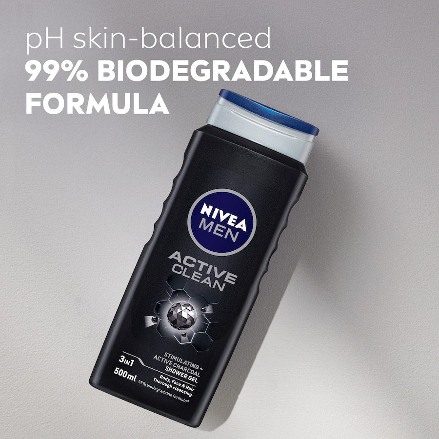 NIVEA MEN Shower Gel Active Clean with Active Charcoal, providing a refreshing cleanse for skin, face, and hair.