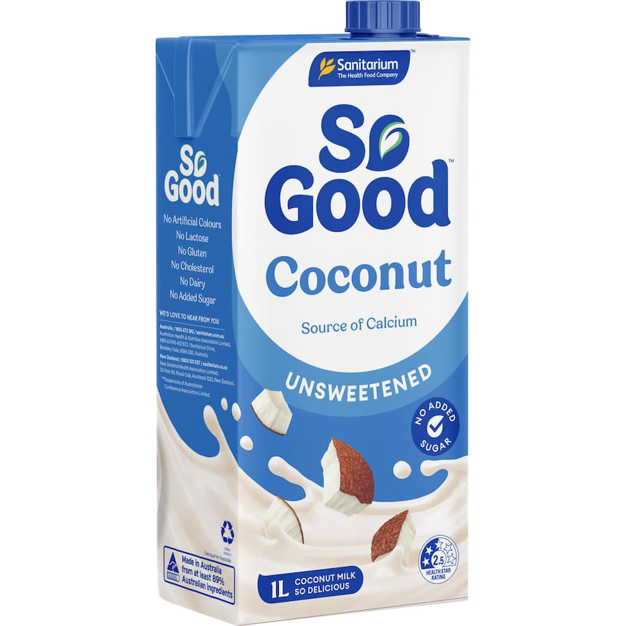 Sanitarium So Good Unsweetened Coconut Milk in a carton, a creamy dairy-free alternative for smoothies and cooking.