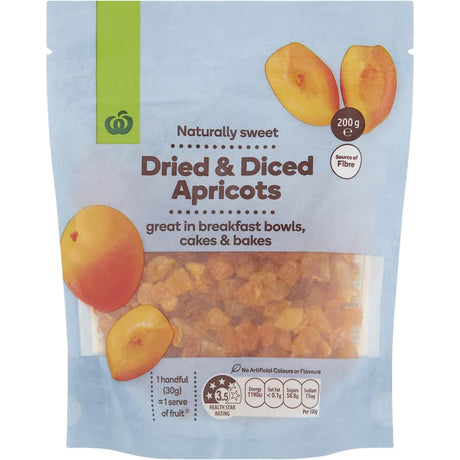 Diced Woolworths dried apricots in a 200g package, perfect for snacks, baking, and enhancing meals with natural sweetness.