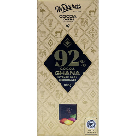 Whittakers Chocolate Cocoa Lovers Dark 92% bar, rich and bold with 92% Ghana cocoa, perfect for dark chocolate enthusiasts.