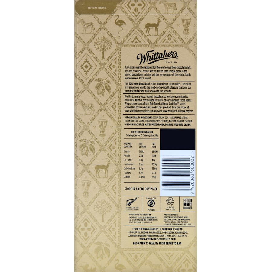 Whittakers 92% Dark Chocolate bar, crafted from premium Ghana cocoa, offering intense flavor and ethical sourcing.