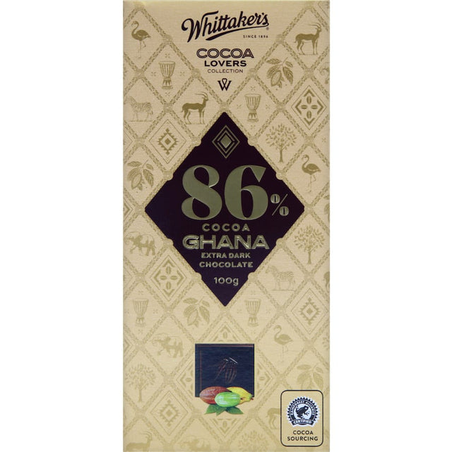 Whittaker's Dark Ghana 86% chocolate bar featuring rich cocoa flavor, nutty finish, and sustainable ingredients.