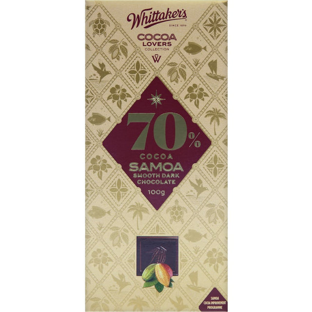 Whittaker's Dark Samoa Chocolate Bar with 70% cocoa, showcasing smooth, rich flavors inspired by Samoa's unique cocoa.