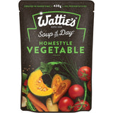 Wattie's Homestyle Vegetable Soup Pouch, a nutritious blend of garden veggies, low in fat, high in fiber, and preservative-free.