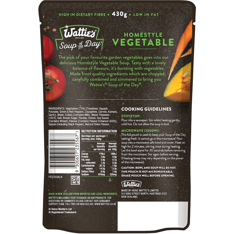 Wattie's Homestyle Vegetable Soup pouch showcasing a blend of garden vegetables, low in fat, and high in dietary fiber.