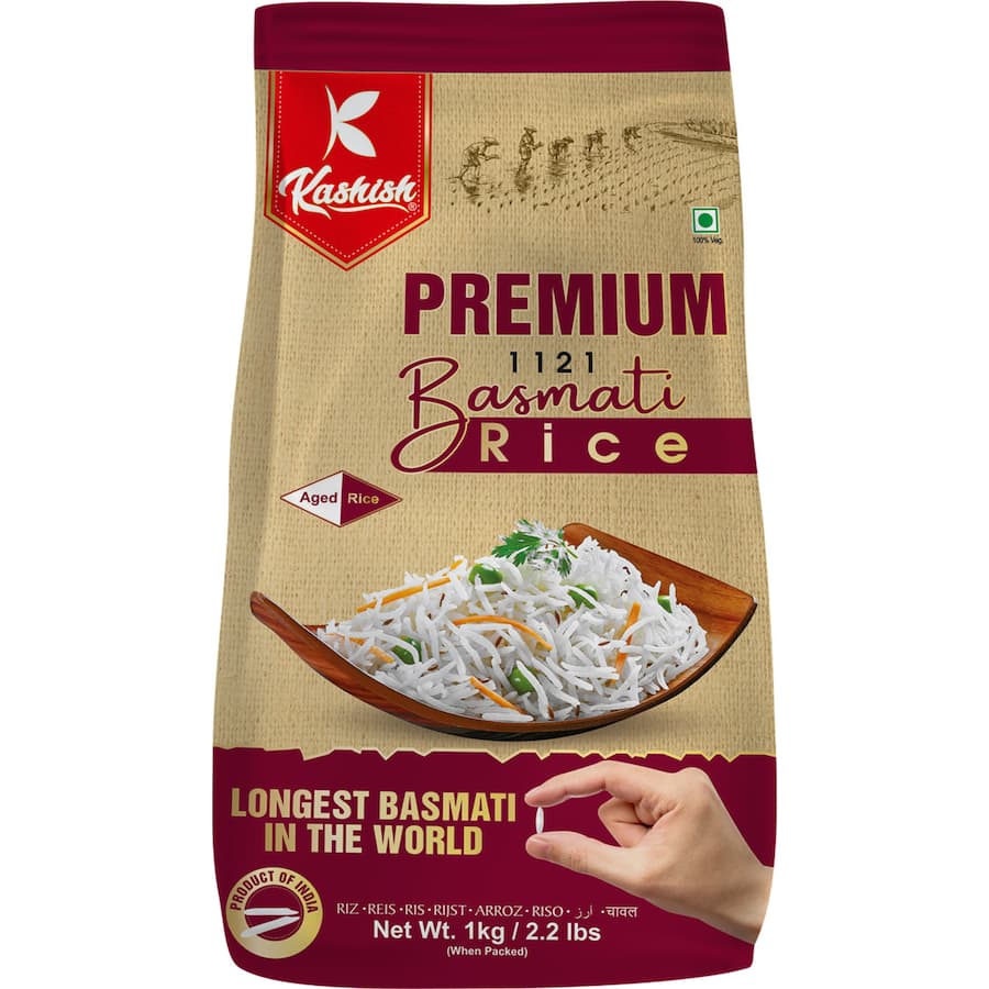 Kashish Basmati Rice, premium long grain rice with exquisite aroma, perfect for biryanis and pilafs.